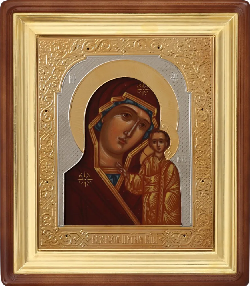 Painted icon in icon case 11×13 oil, riza cover open, brass, gilding, icon case №2 Kazan Mother of God