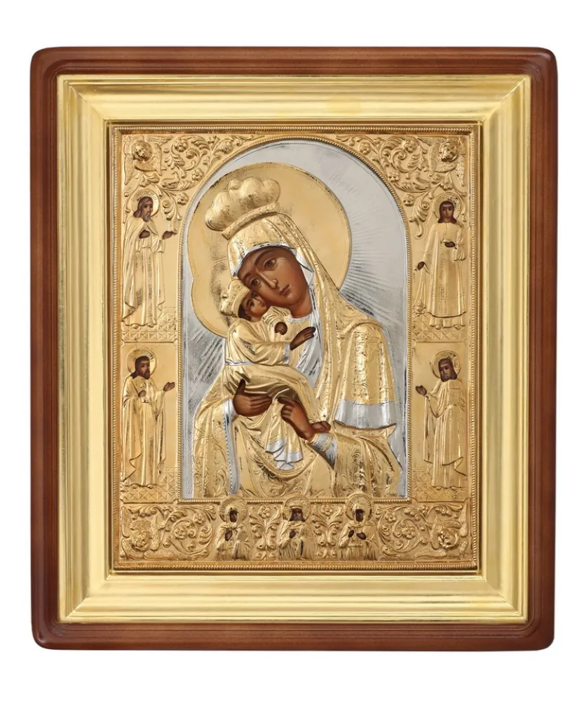 Painted icon in icon case 22×26 oil, riza cover №29, icon case №1 Pochaev Mother of God