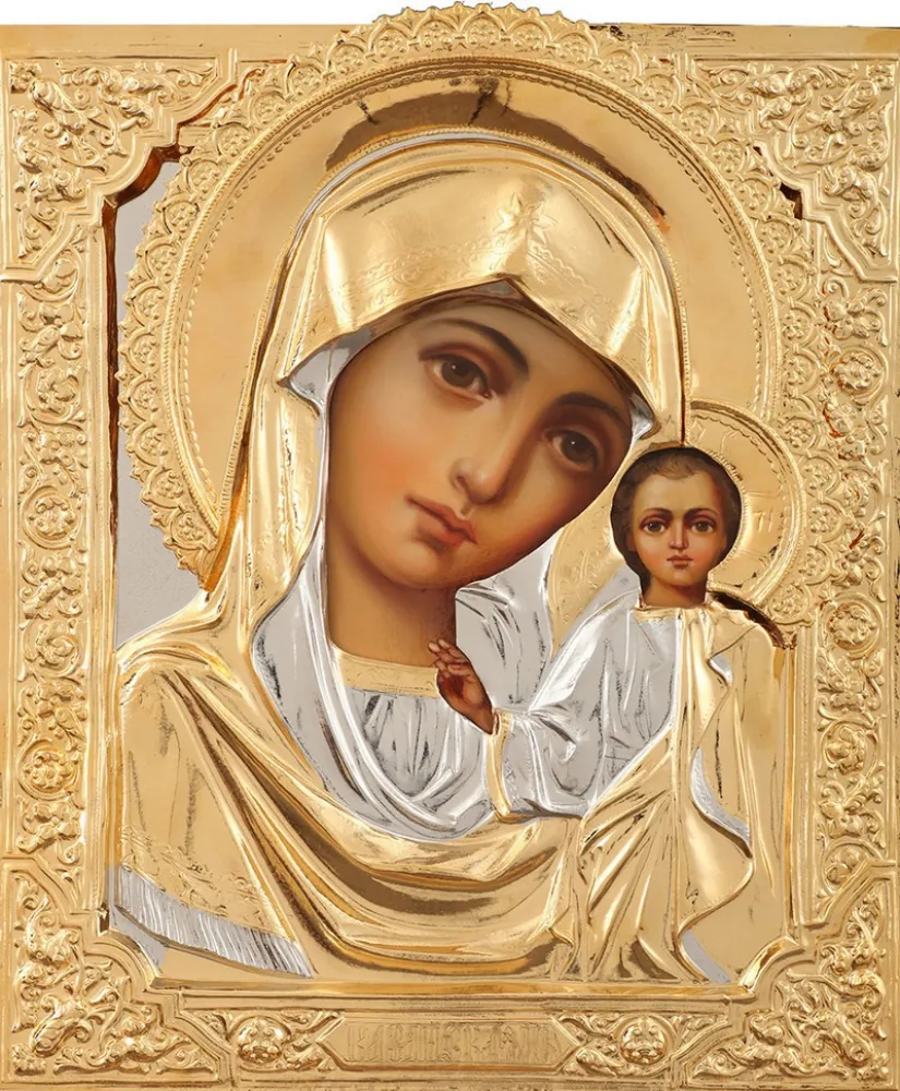 Painted icon of the Mother of God «Kazan» 24×30, oil, riza cover №30, gilding