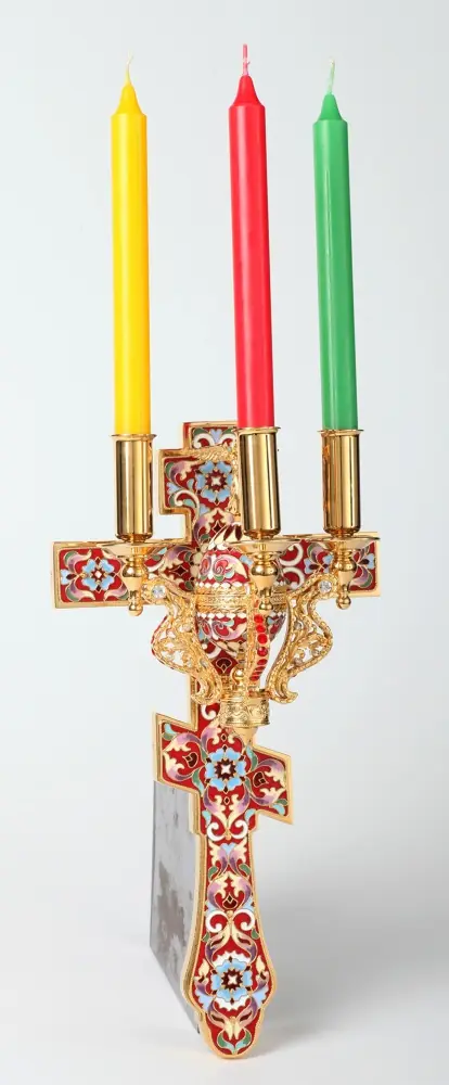 Easter three-candle stand on cross filigree, enamel / gilding