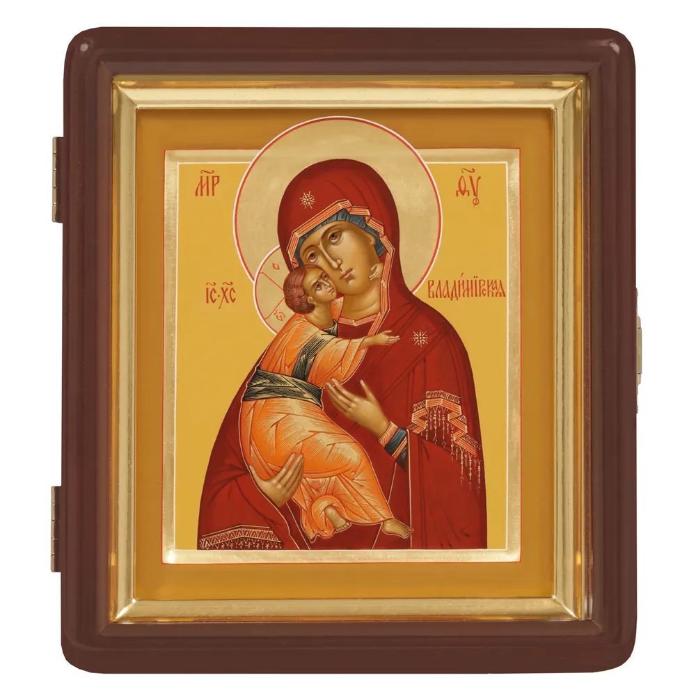 Painted icon on board in icon case 13×15 tempera, gilded halo, recessed field, icon case №1 Vladimir Mother of God, 05288