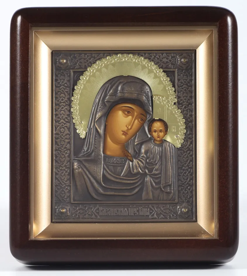 Icon in icon case 11×13 shaped, tempera, patinated riza Kazan Mother of God