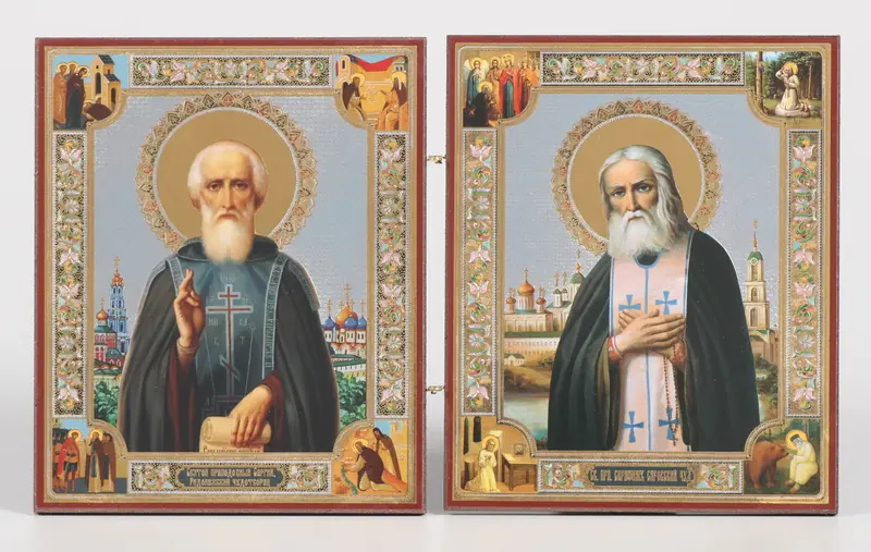 Wooden folding icons 15×22 two-leaf, double embossing Sergius of Radonezh and Seraphim of Sarov