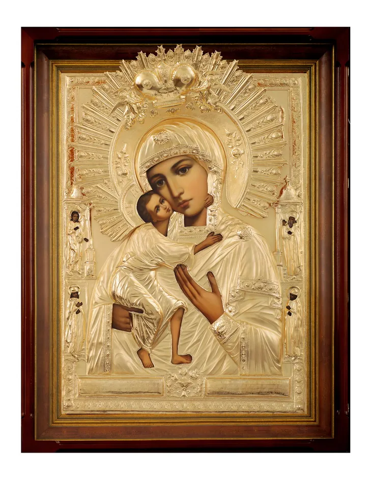 ფერწერული ხატი კიოტში 50×70 ზეთი, მოჭედილობა №144, მქრქალი პრიალა მოოქროვება, კიოტი №21 თეოდორეს ღვთისმშობელი
