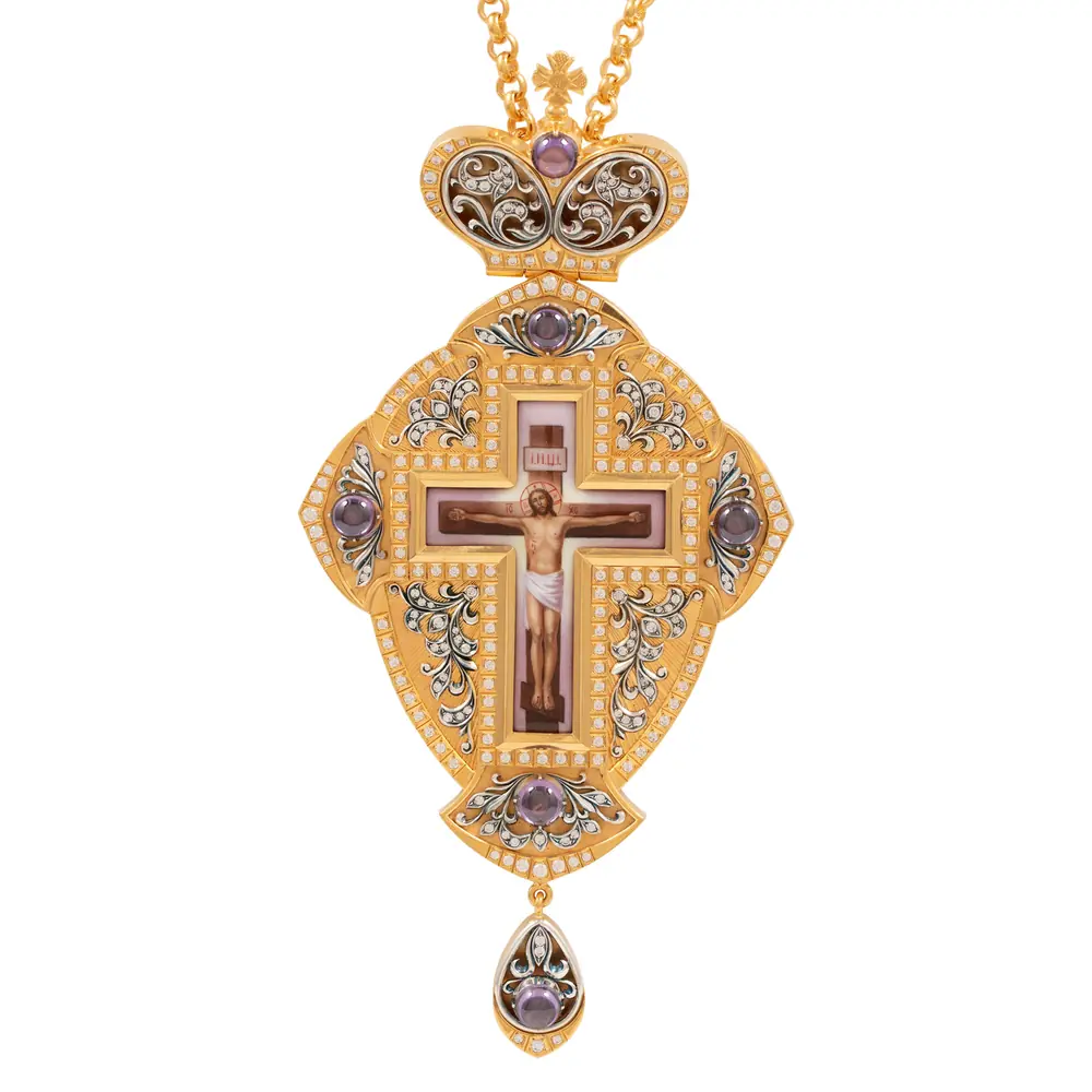 Bishop's cross №1286 / cubic zirconia / gilding / silver enamel miniature, guilloché