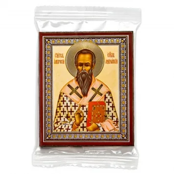 Icon on wooden panel 6×9 double embossing, annotation, packaging Ambrose of Milan (2)