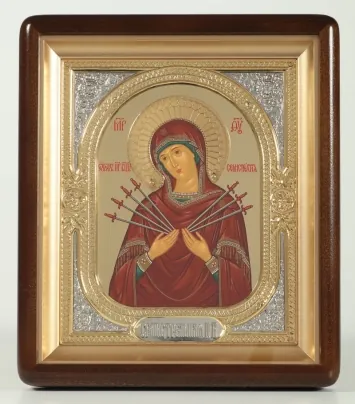 ხატი კიოტში 18×24 ფიგურული, ტემპერა №8, გვირგვინი, მოცულობითი მოჭედილობა-ჩარჩო, ღია, მოოქროვება შვიდისრიანი ღვთისმშობელი
