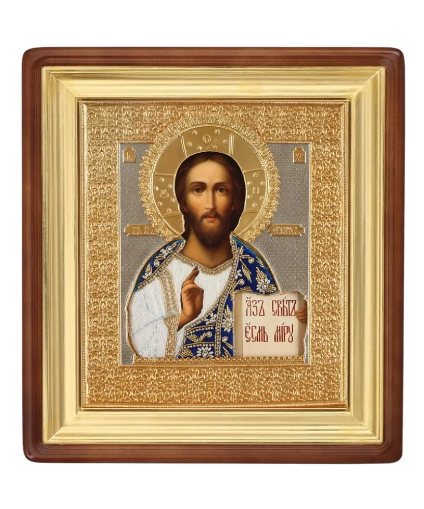 Painted icon in icon case 24×30 oil, riza cover №36, pearls, icon case №1 Saviour