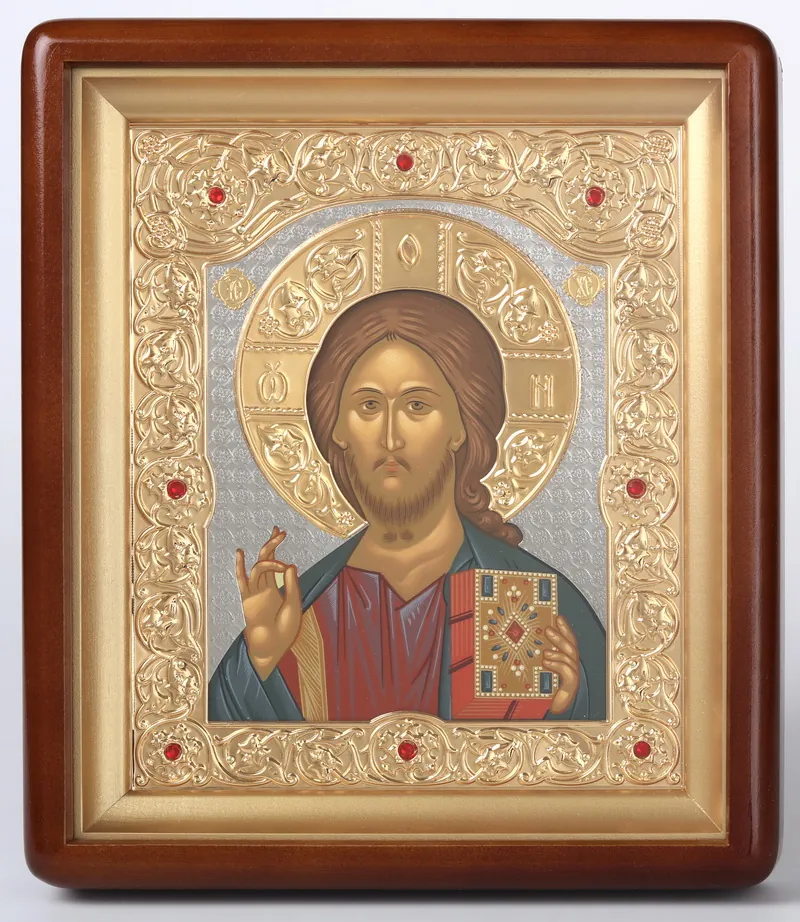 Икона в киоте 18х24 фигурный, темпера, риза объемная, зол., никелир., без цаты Спаситель