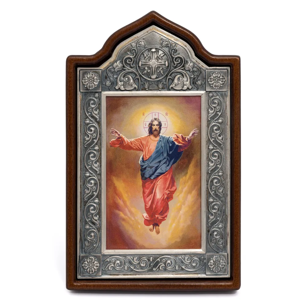 Name-day icon №56 / 2 electroforming, tempera, in wooden frame / silver plating / Ascension of the Lord
