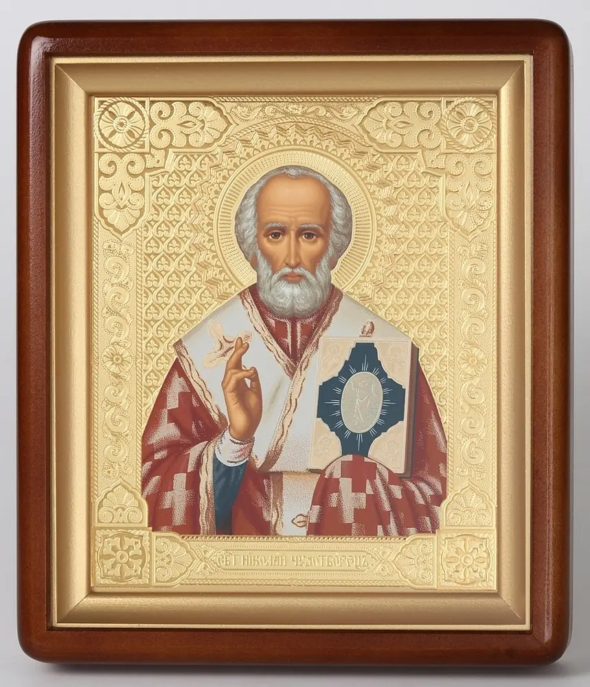 Icon in icon case 18×24 shaped, tempera №6 Nicholas the Wonderworker 1 (yellow background)