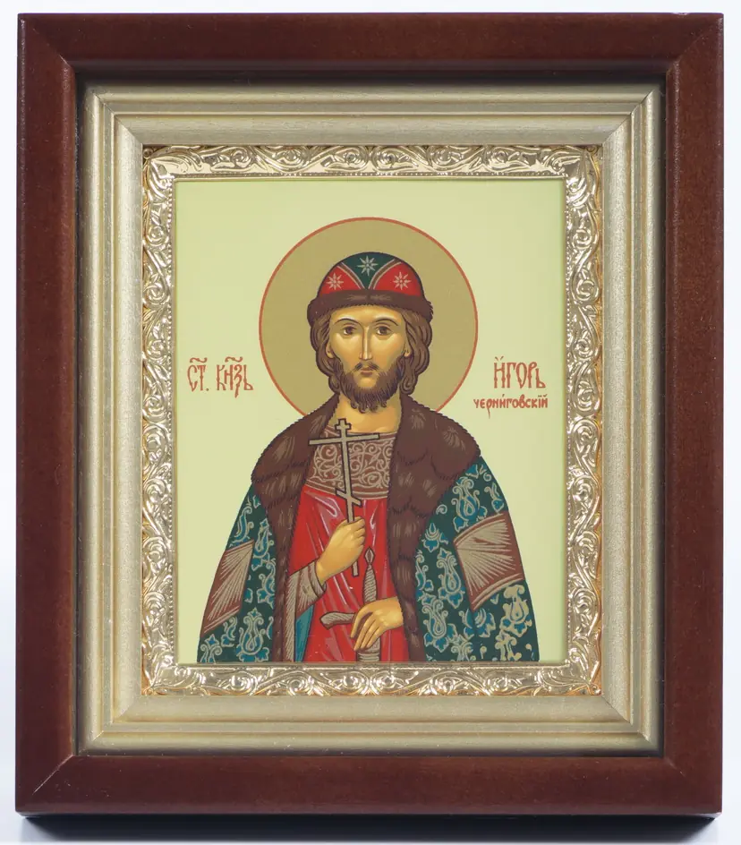 Icon in icon case 11×13 complex, tempera, gilded frame Igor Prince of Chernigov