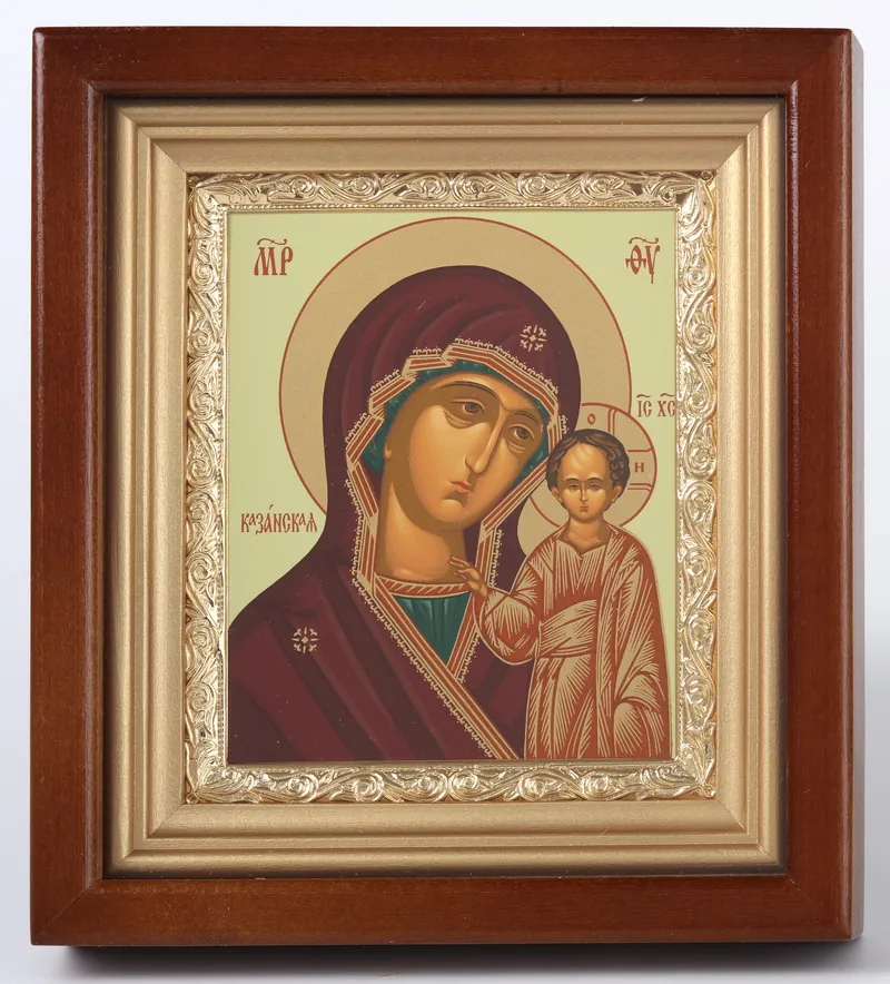 Icon in icon case 11×13 complex, tempera, gilded frame Kazan Mother of God