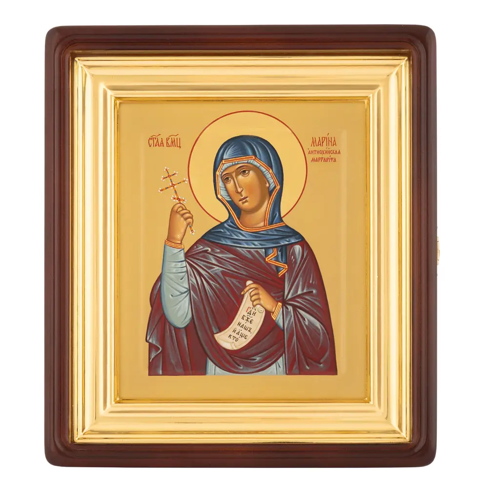 Painted icon on board in icon case 18×24 tempera, gilded halo, recessed field, icon case №1 Margaret, 04627