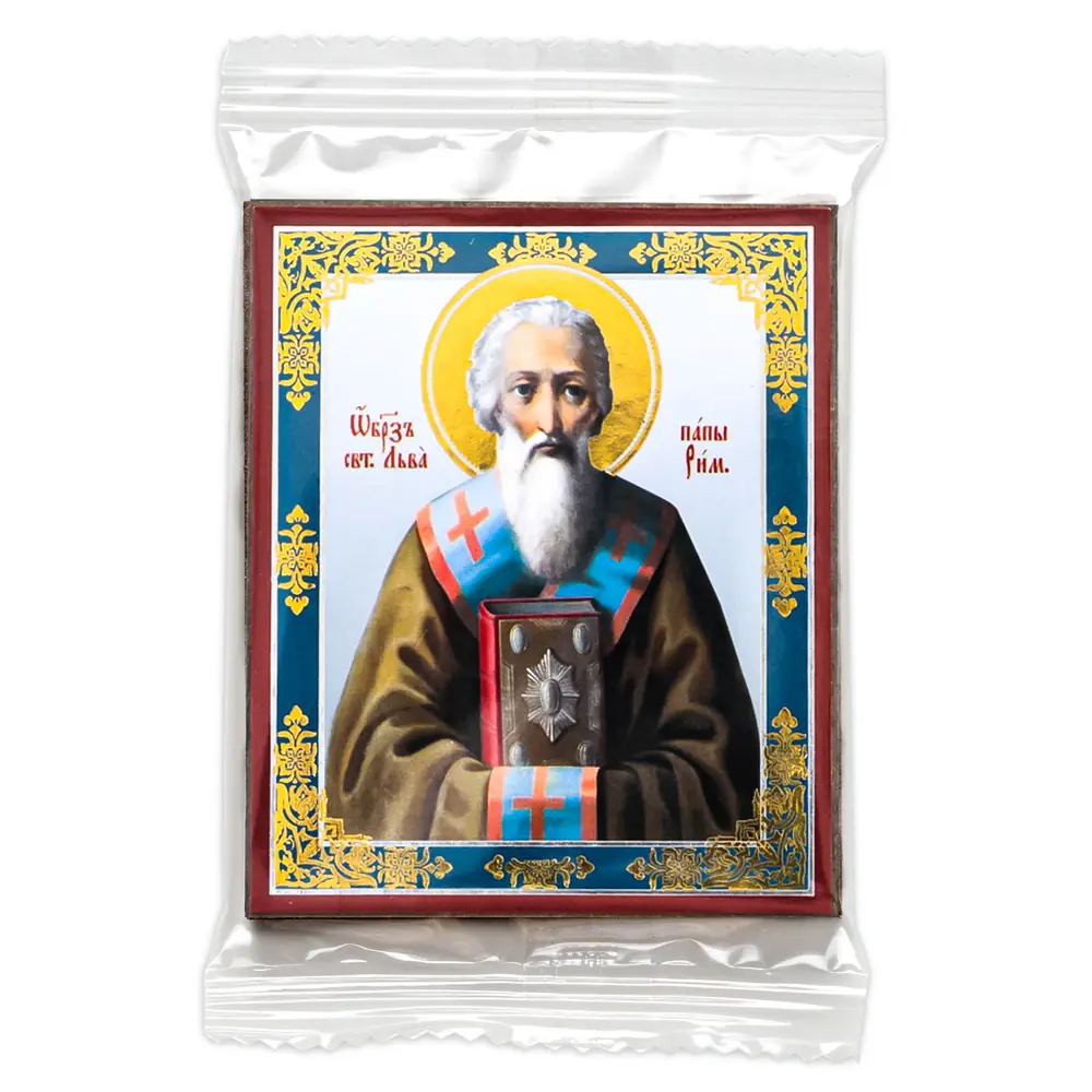 Icon on wooden panel 6×9 double embossing, annotation, packaging Leo