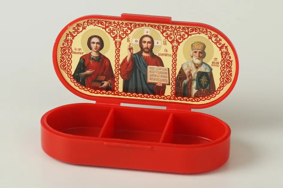 Incense holder (tablet box) red Panteleimon-Saviour-Nicholas the Wonderworker