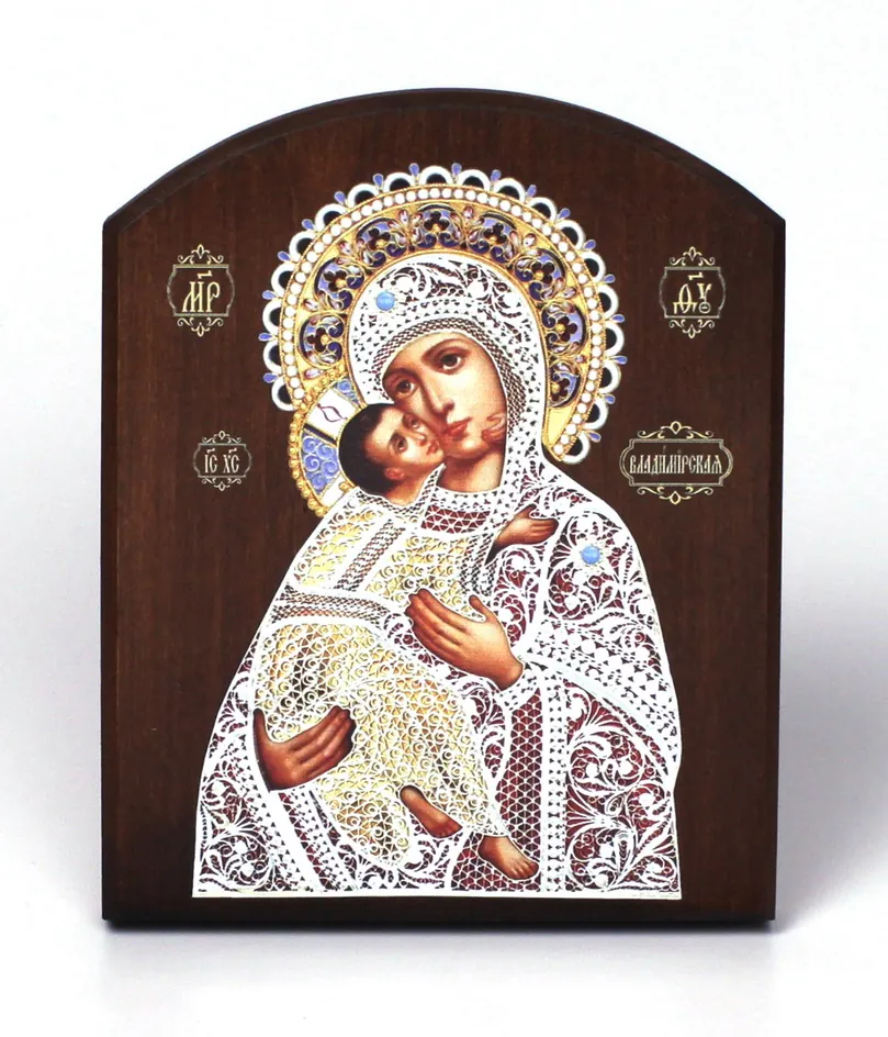 Icon on board 10×12 3D print, arched, varnish Vladimir Mother of God