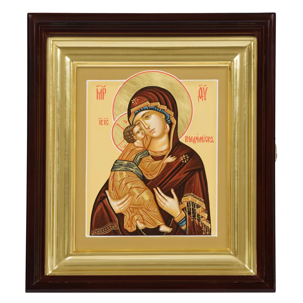 Painted icon on board in icon case 18×24 tempera, gilded halo, recessed field, icon case №1 Vladimir Mother of God, 05995