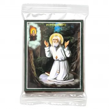 Icon on wooden panel 6×9 double embossing, annotation, packaging Prayer Seraphim of Sarov on stone 2