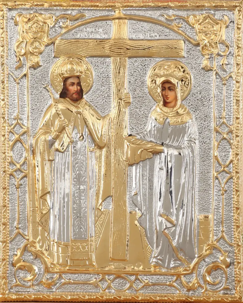 Painted icon Equal-to-the-Apostles Constantine the Great, Equal-to-the-Apostles Empress Helen 18×24, oil, riza cover №75, gilding