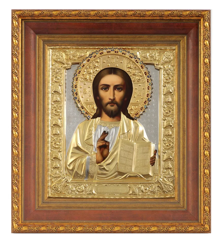 Painted icon in icon case 24×30 oil, riza cover №31, matte gilding, enamel, icon case №22 Saviour