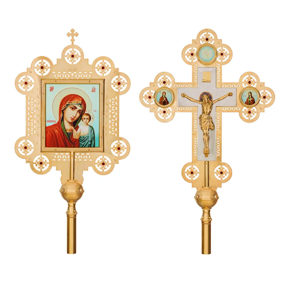 Processional cross-icon with cast with crucifix engraving gilding stones