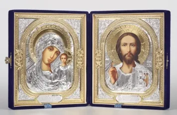 Folding icon in case 18×24 velvet, photo, 3D riza №1 Saviour-Kazan Mother of God