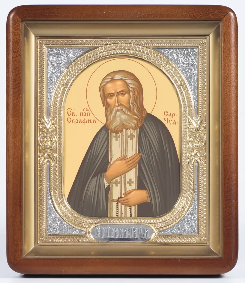 ხატი კიოტში 18×24 ფიგურული, ტემპერა, მოცულობითი მოჭედილობა-ჩარჩო, ღია, მოოქროვილი, მონიკელება სერაფიმე საროველი