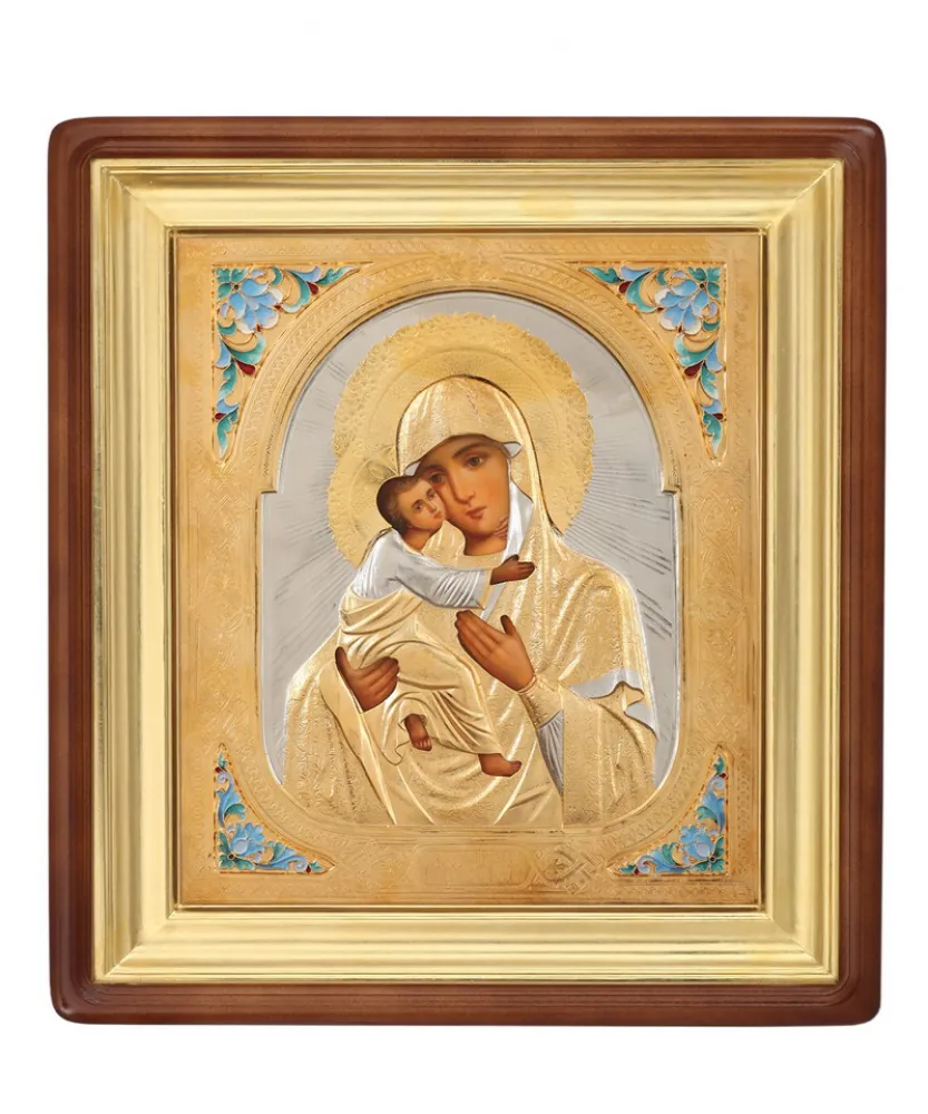 ფერწერული ხატი კიოტში 24×30 ზეთი, მოჭედილობა №102, მინანქარი, კიოტი №1 ვლადიმირის ღვთისმშობელი