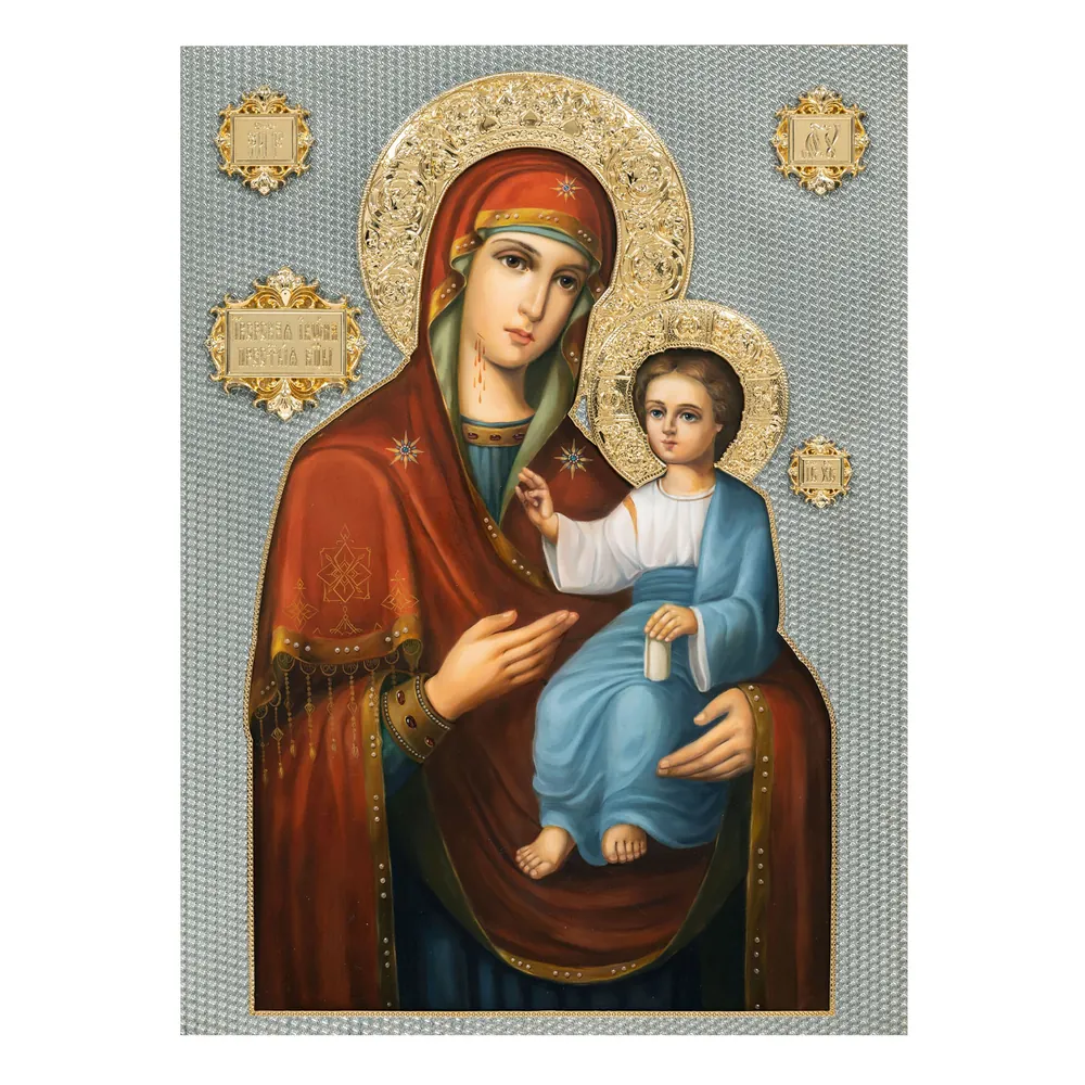 Painted icon in riza 60×80 oil, 3D riza cover №335, gilding Iveron Mother of God