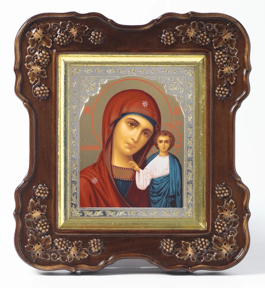 Icon in icon case 11×13 (vine 4), tempera №8 embossing, stretcher imitation gold leaf Kazan Mother of God 1