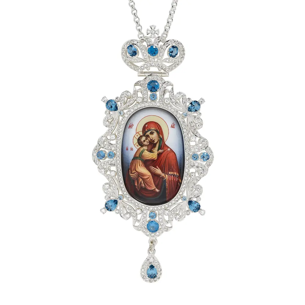 Panagia №210 / cubic zirconia decal / silver plating / Vladimir Mother of God