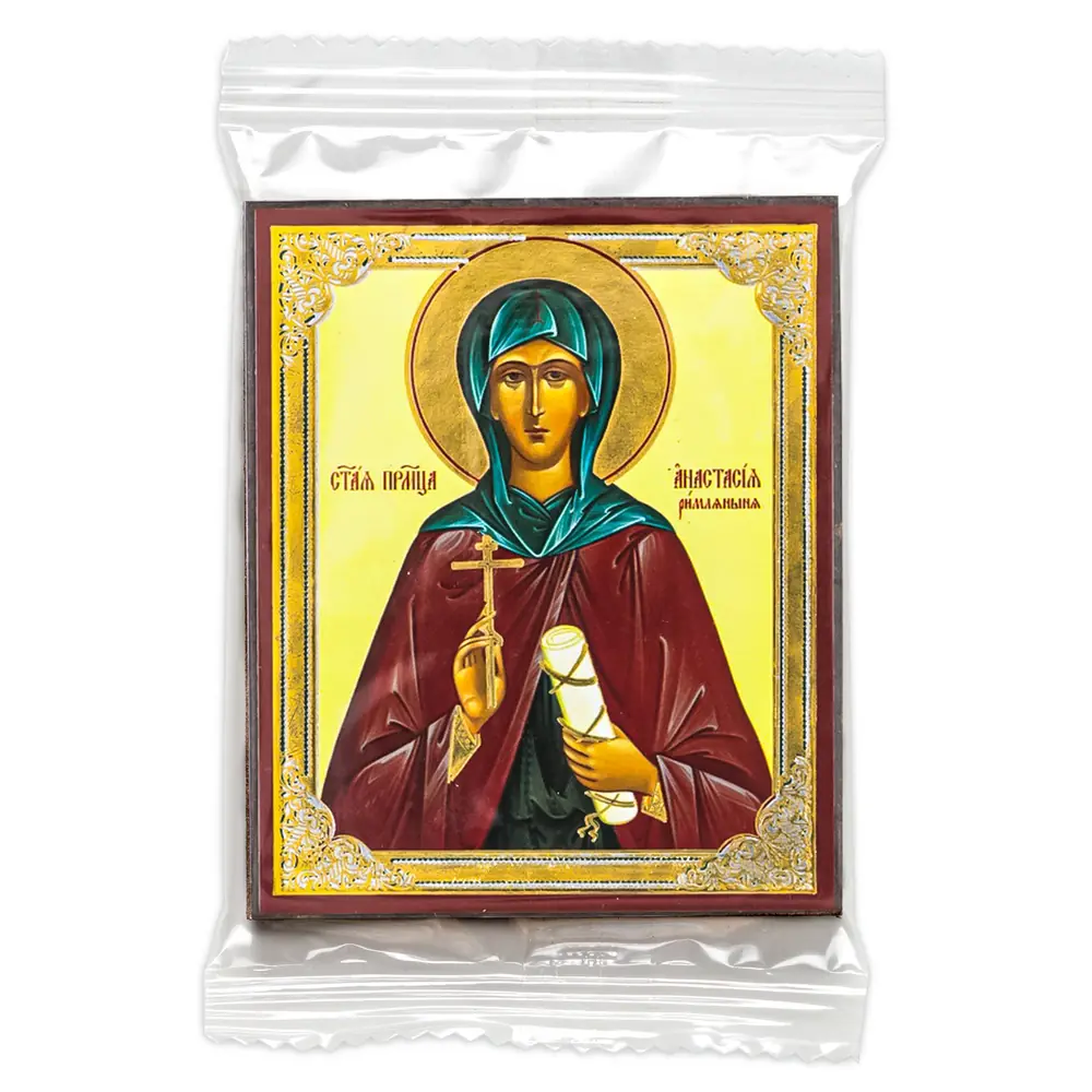 Icon on wooden panel 6×9 double embossing, annotation, packaging Anastasia the Roman