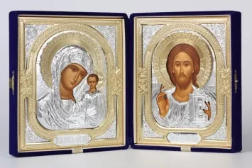 Folding icon in case 18×24 velvet, tempera, 3D riza №1 Saviour-Kazan Mother of God