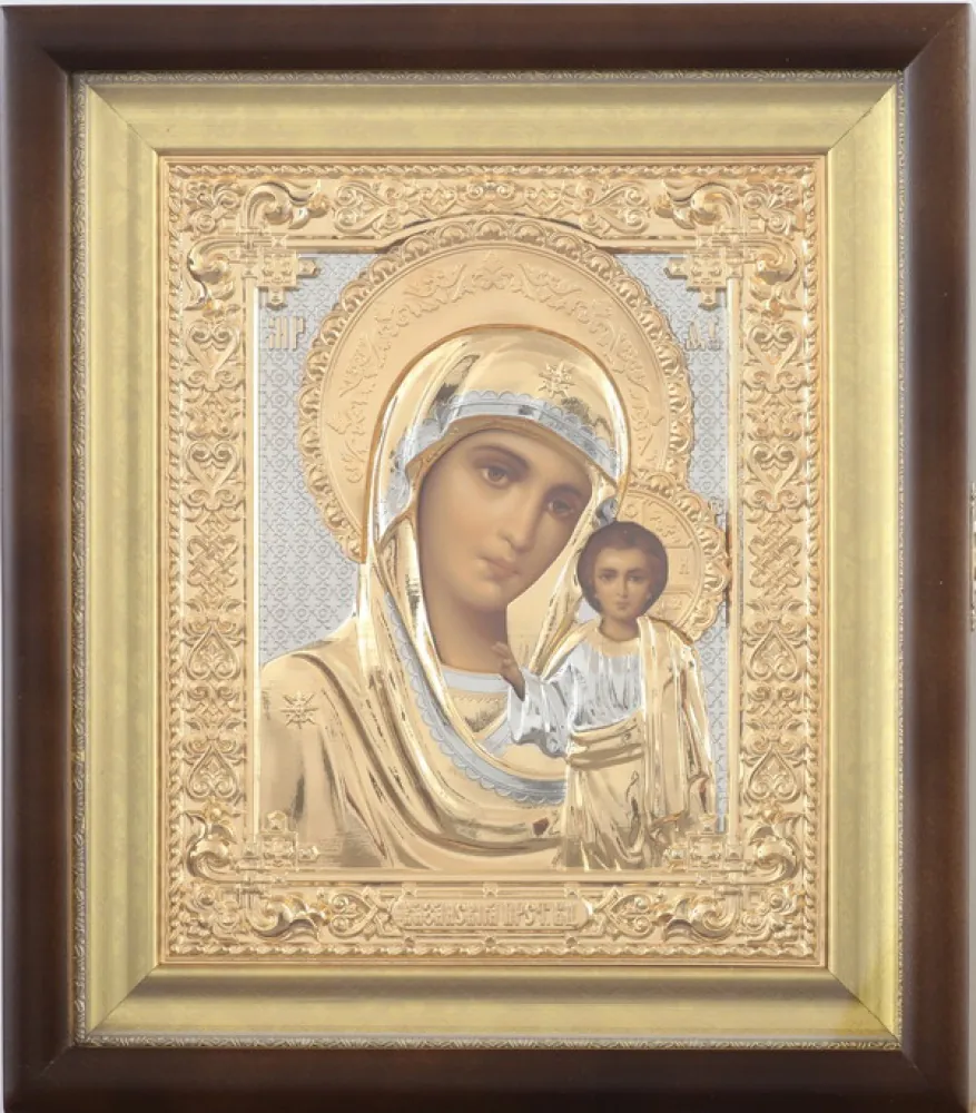 ფერწერული ხატი კიოტში 18×24 ტემპერა, მოჭედილობა №244 ნაწილობრივი / მოოქროვილი, ბაგეტის ქვეჩარჩო ყაზანის ღვთისმშობელი