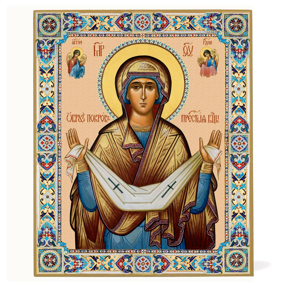 Icon on board 18×24 gilded finish, 3D print, varnish Protection Mother of God 3