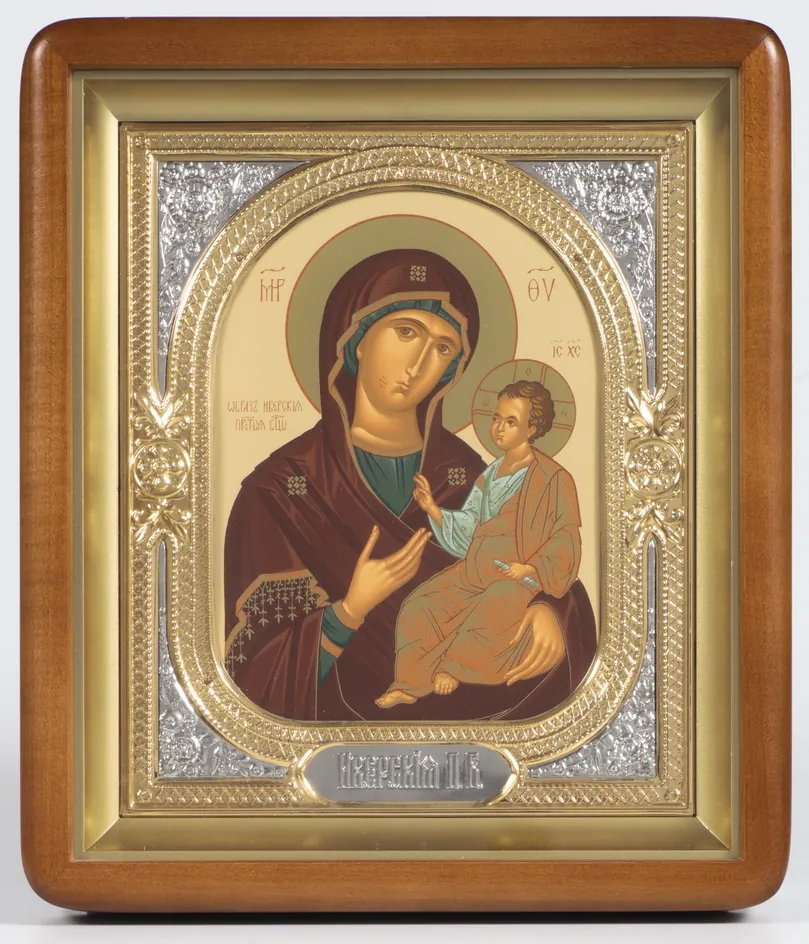 Icon in icon case 18×24 shaped, tempera, 3D riza frame, open, gilded, nickel plating Iveron Mother of God