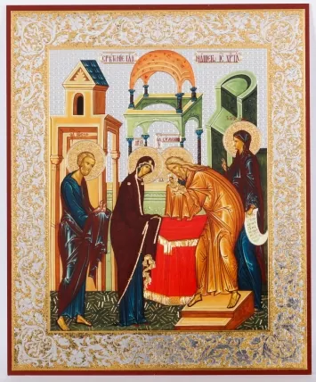 Icon on wooden panel 11×13 double embossing Meeting of the Lord