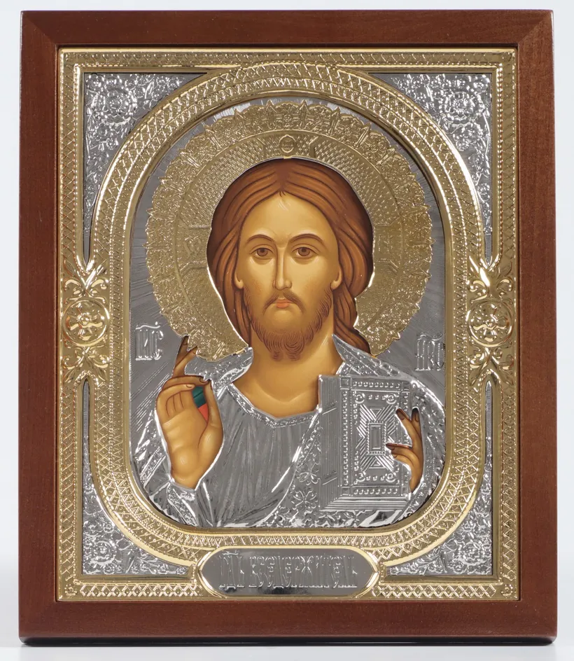 ხატი კიოტში 18×24 ფიგურული №2 ტემპერა, ქვეჩარჩოს გარეშე, მოჭედილობა, ნიკელი, მოოქროვილი მაცხოვარი