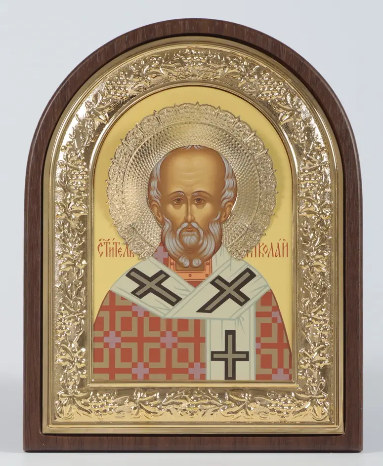 Icon in riza 18×24 arched, panel, frame, halo crown gilded, tempera, packaging Nicholas the Wonderworker