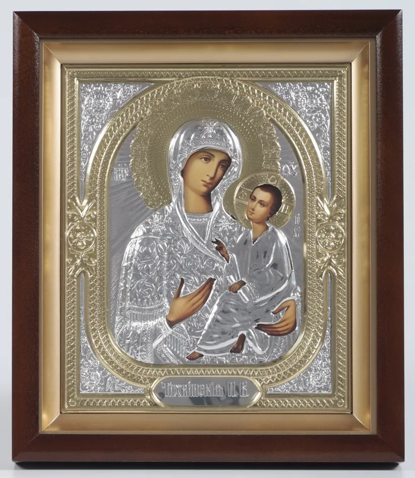 ხატი კიოტში 18×24 რთული, ფოტო, მოცულობითი მოჭედილობა №1 ტიხვინის ღვთისმშობელი