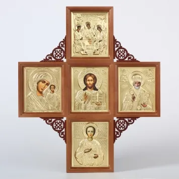 Icon in icon case 11×13 multi-image, 5 icons, riza cover, carved Trinity Saviour Kazan Nicholas the Wonderworker Panteleimon