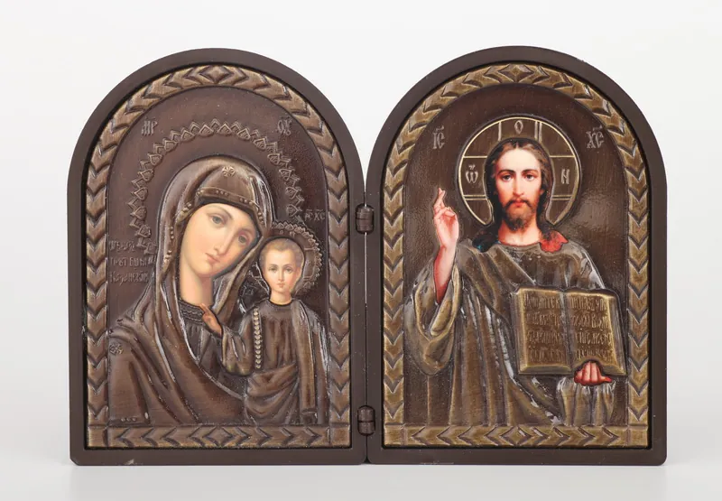 Icon in plastic frame folding icon 9×12 double arched riza cover №3 Saviour-Kazan Mother of God