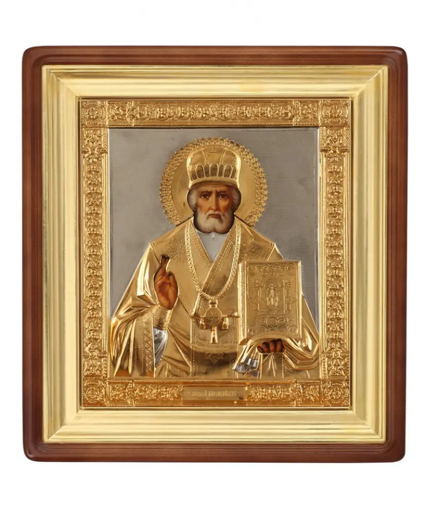 Painted icon in icon case 30×40 oil, riza cover №50, icon case №1 Nicholas the Wonderworker