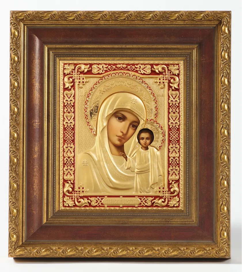 Painted icon in icon case 18×24 oil, riza cover №241, matte glossy gilding, enamel, icon case №22 Kazan Mother of God