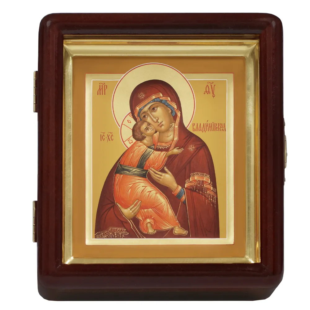 Painted icon on board in icon case 11×13 tempera, gilded halo, recessed field, icon case №1 Vladimir Mother of God, 05698