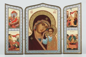 Wooden folding icons 19×28 three-leaf, double embossing, shaped, in packaging Kazan Mother of God 2