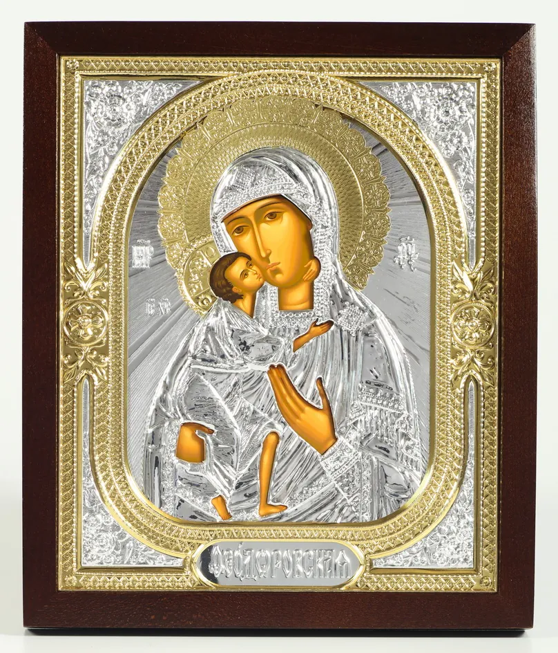 Icon in icon case 18×24 shaped №2 tempera, without stretcher, 3D riza №1 Feodorovskaya Mother of God
