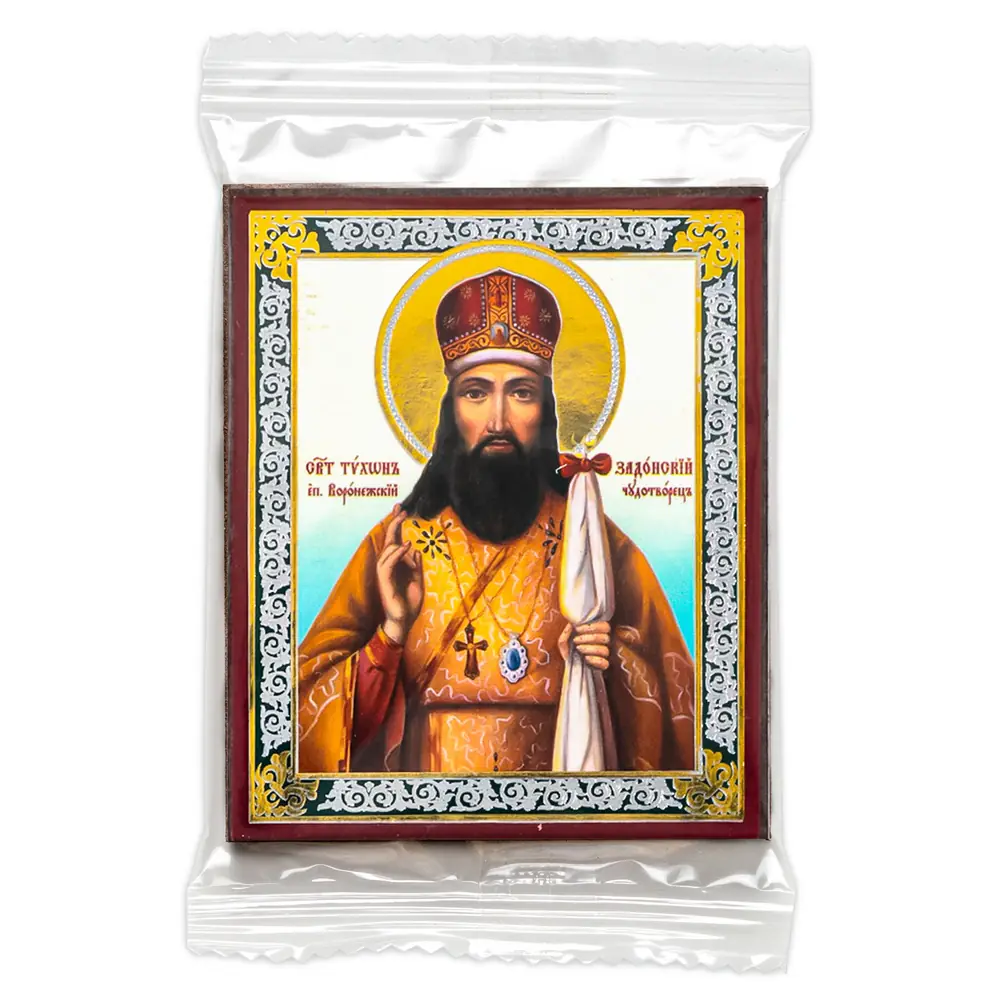 Icon on wooden panel 6×9 double embossing, annotation, packaging Tikhon of Zadonsk