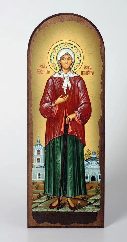 Icon on wood 18×50 arched, canvas, packaging Xenia of St Petersburg, Blessed (full-length)